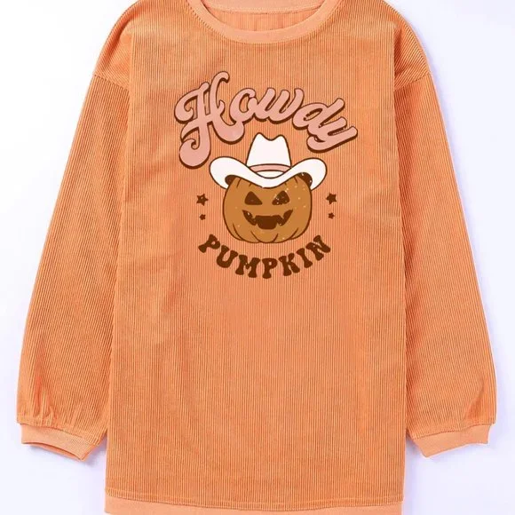 Orange Howdy Pumpkin Halloween Graphic Corded Sweatshirt - Picture 6 of 8